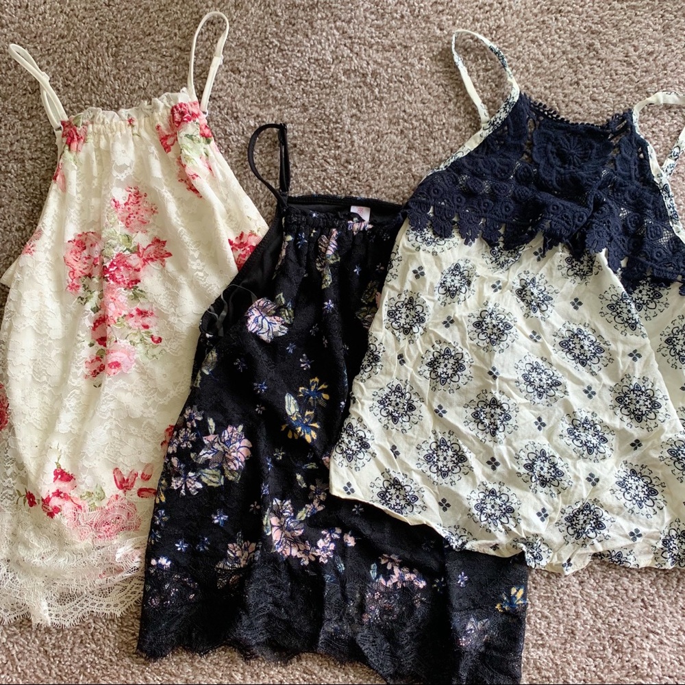 THREE lace floral tanks XS